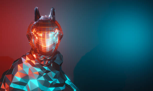 istock Metal shine robot head and half body on red blue gradient background. Future, technology and connection concept. 3D rendering 1221972099