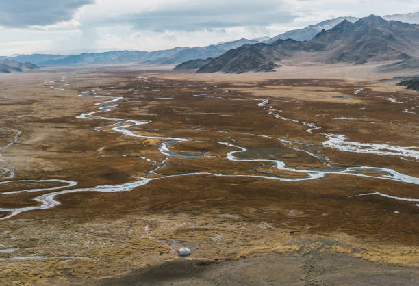 Scenic view of river  in Mongolia in autumn at sunset