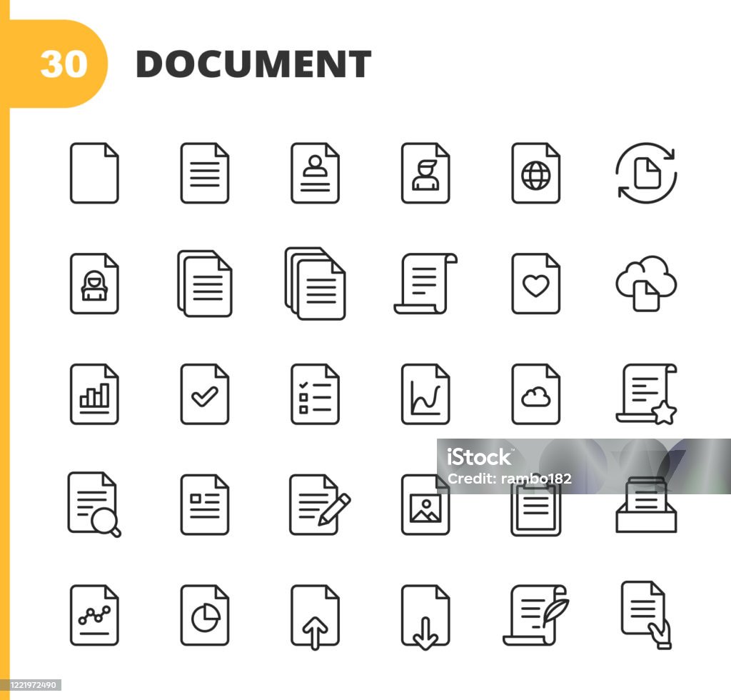 Document Line Icons. Editable Stroke. Pixel Perfect. For Mobile and Web. Contains such icons as Document, File, Communication, Resume, File Search, Analytics, Music, Video, Downloading, Uploading, Law, Image, Cloud, Writing. 30 Document Outline Icons. Icon stock vector