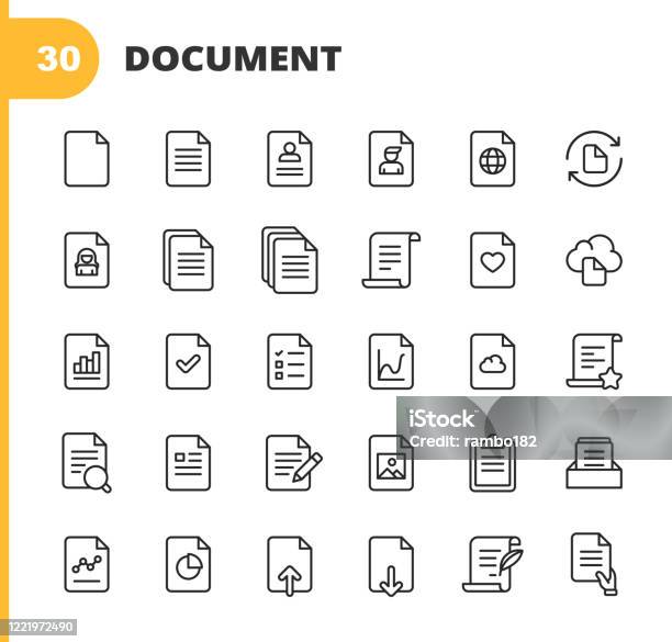 Document Line Icons Editable Stroke Pixel Perfect For Mobile And Web Contains Such Icons As Document File Communication Resume File Search Analytics Music Video Downloading Uploading Law Image Cloud Writing Stock Illustration - Download Image Now