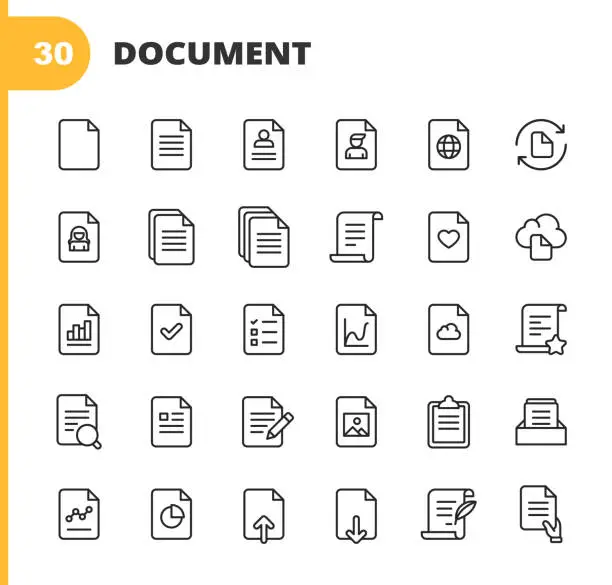 Vector illustration of Document Line Icons. Editable Stroke. Pixel Perfect. For Mobile and Web. Contains such icons as Document, File, Communication, Resume, File Search, Analytics, Music, Video, Downloading, Uploading, Law, Image, Cloud, Writing.