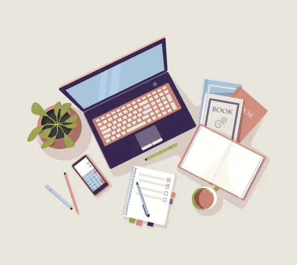 Vector illustration of Computer on the table with textbooks or books, notebook phone, pens, pencils and indoor flower.