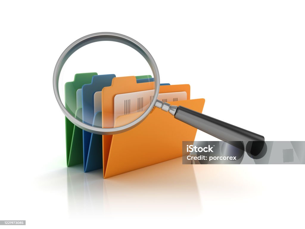Magnifying Glass with Computer Folders - 3D Rendering Loupe Stock Photo