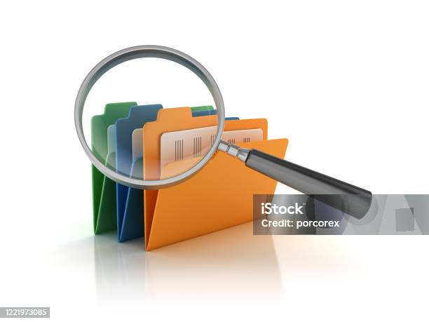 Magnifying Glass With Computer Folders 3d Rendering Stock Photo - Download Image Now