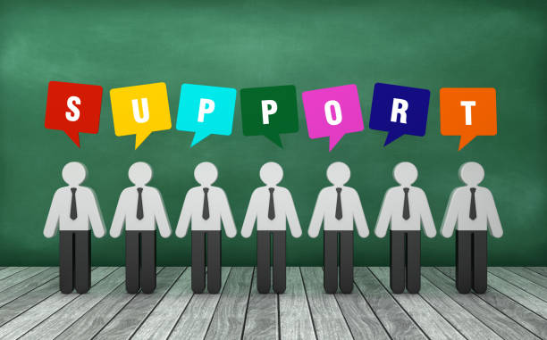 istock Pictogram People with SUPPORT Bubble Speech on Chalkboard - 3D Rendering 1221973701