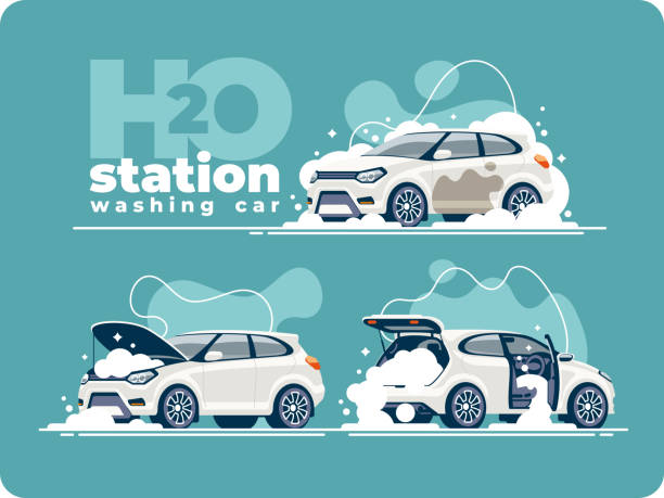 waschauto-station wash innenraum und motor - autowaschanlage stock-grafiken, -clipart, -cartoons und -symbole