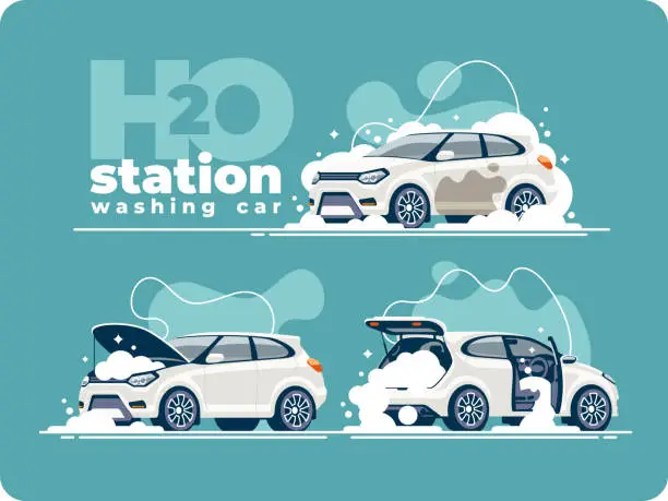 Vector illustration of Washing Car Station Wash Interior and Engine