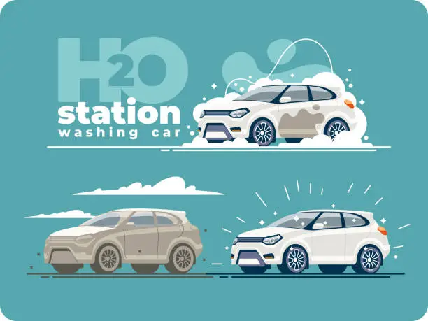 Vector illustration of Stages of Car Washing at Car Wash