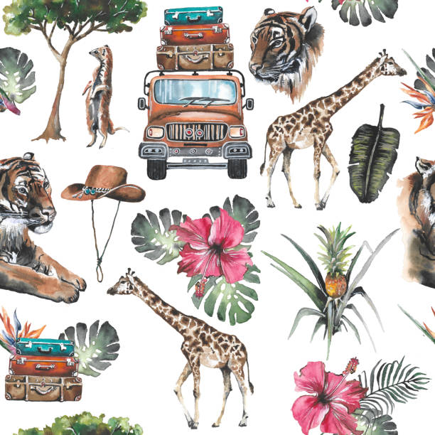 Seamless pattern. Pastel color. African safari animals. White background. Hand drawn watercolor illustration. Cute cartoon. Seamless pattern. Pastel color. African safari animals. White background. For baby textile and other decoration. czech lion stock illustrations