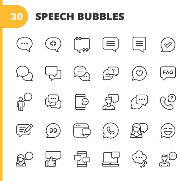 Speech Bubbles and Communication Line Icons. Editable Stroke. Pixel Perfect. For Mobile and Web. Contains such icons as Speech Bubble, Message Bubble, Chat, Online Communication, Smartphone, Video Conference, Feedback, Telephone, Web Browser. 30 Speech Bubbles and Communication Outline Icons. talk stock illustrations