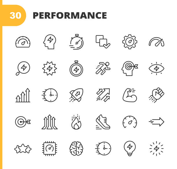 ilustrações de stock, clip art, desenhos animados e ícones de performance line icons. editable stroke. pixel perfect. for mobile and web. contains such icons as performance, growth, feedback, running, speedometer, authority, success, brain, muscle, rocket, start up, improvement, running, target, speed, rating. - ícone