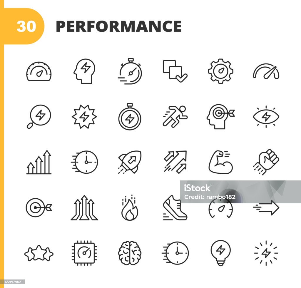 Performance Line Icons. Editable Stroke. Pixel Perfect. For Mobile and Web. Contains such icons as Performance, Growth, Feedback, Running, Speedometer, Authority, Success, Brain, Muscle, Rocket, Start Up, Improvement, Running, Target, Speed, Rating. 30 Performance Outline Icons. Icon stock vector