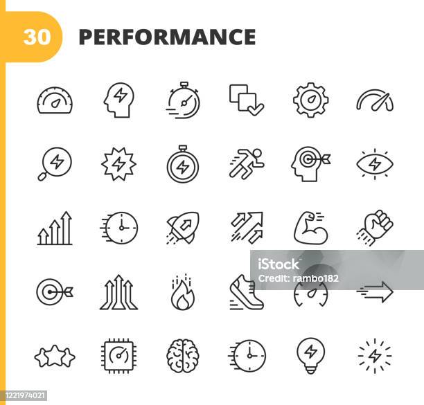 Performance Line Icons Editable Stroke Pixel Perfect For Mobile And Web Contains Such Icons As Performance Growth Feedback Running Speedometer Authority Success Brain Muscle Rocket Start Up Improvement Running Target Speed Rating Stock Illustration - Download Image Now