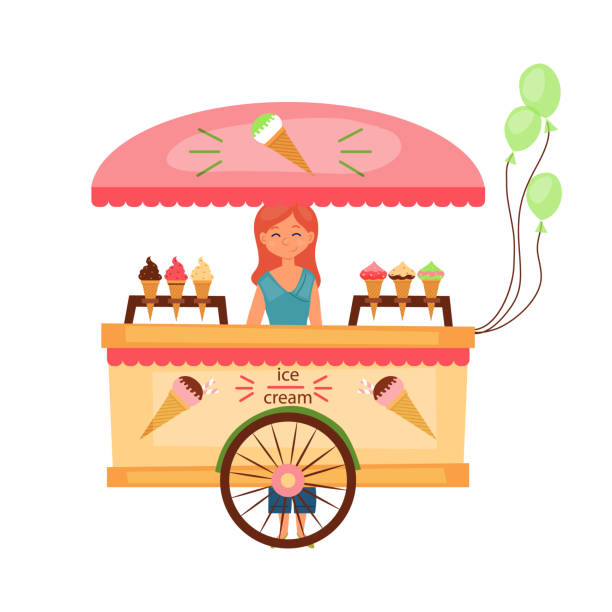 illustrazioni stock, clip art, cartoni animati e icone di tendenza di concetto di cibo streed. la studentessa della ragazza vendita di gelato nel carrello del caffè mobile con molti tipi di gelato e palloncini verdi isolati sullo sfondo bianco. stile piatto cartone animato. illustrazione vettoriale - child balloon selling sign