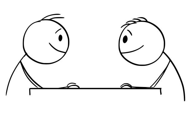 Vector Cartoon Illustration of Two Smiling Men or Businessmen Sitting at Table and Watching Each Other.Business or Cooperation Concept. Vector cartoon stick figure drawing conceptual illustration of two smiling men or businessmen sitting at table and watching each other. Business cooperation or friendship concept. funny contract stock illustrations