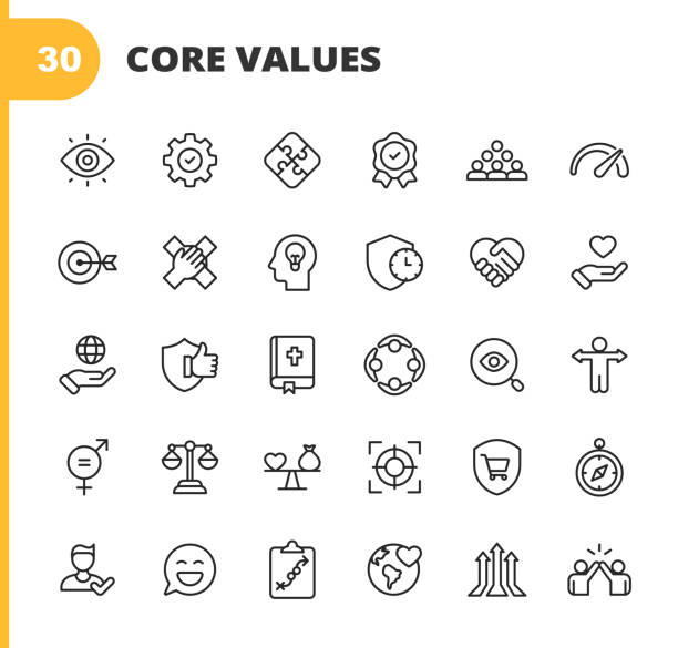 ikony podstawowych wartości. edytowalny obrys. pixel perfect. dla urządzeń mobilnych i sieci web. zawiera takie ikony jak odpowiedzialność, wizja, etyka biznesu, prawo, moralność, kwestie społeczne, praca zespołowa, wzrost, zaufanie, jakość, inn - business expertise inspiration teamwork stock illustrations