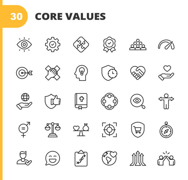 Core Values Icons. Editable Stroke. Pixel Perfect. For Mobile and Web. Contains such icons as Responsibility, Vision, Business Ethics, Law, Morality, Social Issues, Teamwork, Growth, Trust, Quality, Innovation, Teamwork, Reliability, Charity. 20 Core Values Outline Icons. morality illustrations stock illustrations