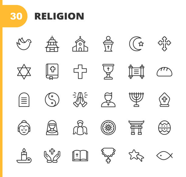 ilustraciones, imágenes clip art, dibujos animados e iconos de stock de iconos de religión. trazo editable. píxel perfecto. para móviles y web. contiene iconos tales como religión, dios, fe, oración, cristiano, católico, iglesia, islam, judaísmo, musulmán, hinduismo, meditación, biblia, navidad, santa misa, sacerdote, - religion symbol buddhism fish