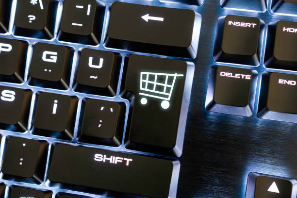 istock Closeup view of keypad for easy and comfortable online shopping indoor. Virtual e commerce concept. 1221976777