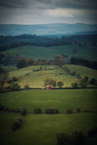 A long distance photo of a small village parish church in a green field landscape stock photo