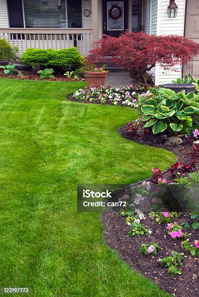 Manicured Spring Yard Stock Photo - Download Image Now - Yard - Grounds, Landscaped, Residential Building