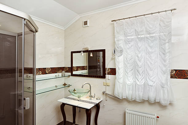 istock Modern bathroom interior with glass sink bowl and mirror 122197829