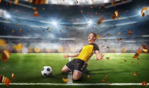 Photo of soccer player at soccer stadium. ready for game in front of the soccer goal