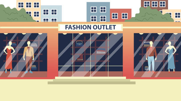 ilustrações de stock, clip art, desenhos animados e ícones de concept of shopping and fashion. modern fashion outlet exterior design with big glass showcase with mannequins, brand clothes and accessories for men and women. cartoon flat style vector illustration - boutique fashion indoors shopping