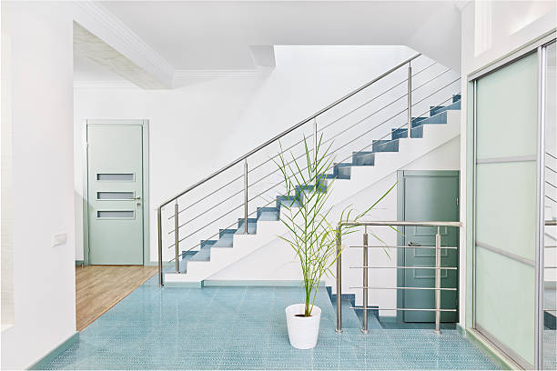 istock Part of modern hall interior with metal staircase 122197856