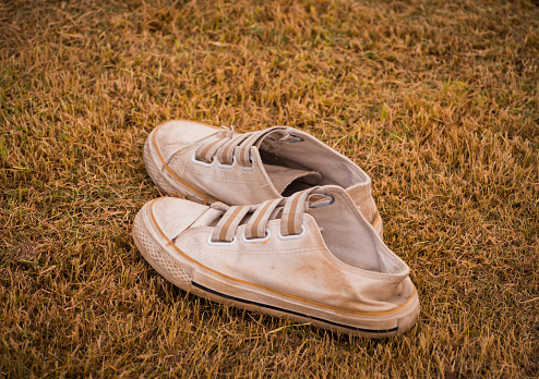 pair of old sneakers on lawn dry background