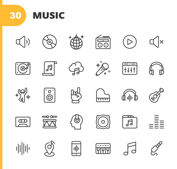 Music Line Icons. Editable Stroke. Pixel Perfect. For Mobile and Web. Contains such icons as Speaker, Audio, Music Player, Music Streaming, Dancing, Party, Piano, Headphones, Guitar, Radio, Music Note, DJ, Singing, Karaoke, Drums, Rock, Pop, EDM. 30 Music Outline Icons. dance & electronic music stock illustrations