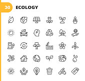 Ökologie und Umwelt Linie Icons. Bearbeitbarer Strich. Pixel perfekt. Für Mobile und Web. Enthält Symbole wie Blatt, Ökologie, Umwelt, Glühbirne, Wald, Grüne Energie, Landwirtschaft, Wasser, Klimawandel, Recycling, Elektroauto, Solarenergie.