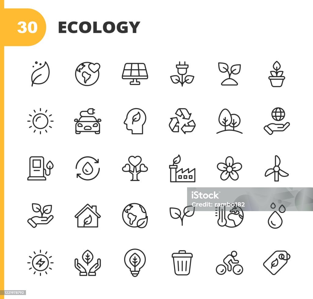 Ecology and Environment Line Icons. Editable Stroke. Pixel Perfect. For Mobile and Web. Contains such icons as Leaf, Ecology, Environment, Lightbulb, Forest, Green Energy, Agriculture, Water, Climate Change, Recycling, Electric Car, Solar Energy. 30 Ecology and Environment  Outline Icons. Icon stock vector