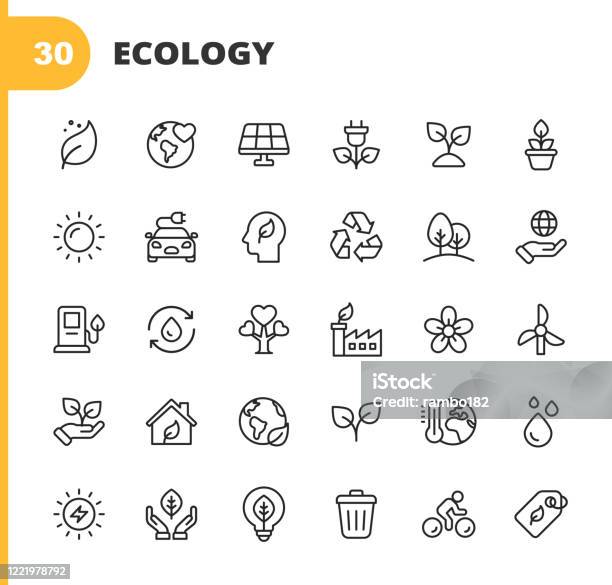 Ecology And Environment Line Icons Editable Stroke Pixel Perfect For Mobile And Web Contains Such Icons As Leaf Ecology Environment Lightbulb Forest Green Energy Agriculture Water Climate Change Recycling Electric Car Solar Energy Stock Illustration - Download Image Now