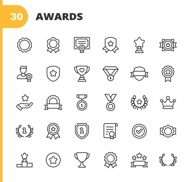 Awards and Achievement Line Icons. Editable Stroke. Pixel Perfect. For Mobile and Web. Contains such icons as Award, Medal, Gold, Achievement, Success, Podium, Winning, Competition, Growth, Improvement, Laurel, Recognition, Diploma, Cup, Crown, Badge, 30 Awards and Achievement Outline Icons. high quality kitchen equipment stock illustrations