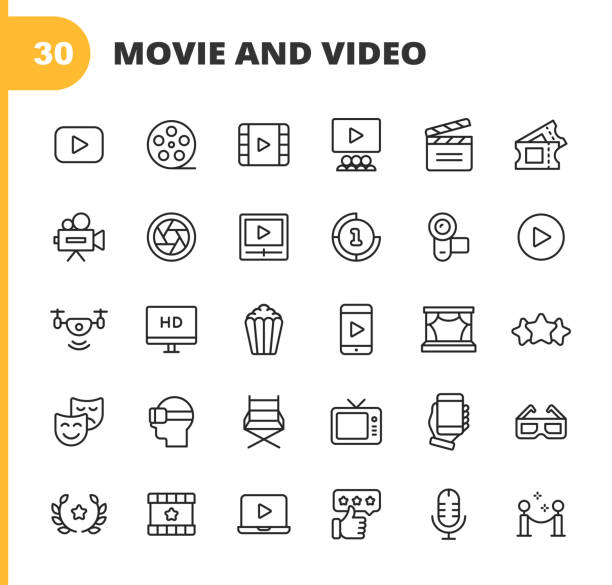 Video, Cinema, Film Line Icons. Editable Stroke. Pixel Perfect. For Mobile and Web. Contains such icons as Video Player, Film, Camera, Cinema, 3D Glasses, Virtual Reality, Theatre, Tickets, Drone, Directing, Television, Review, Stage, Video Streaming. 30 Video, Cinema, Film Outline Icons. film industry stock illustrations