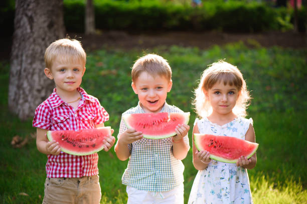 istock Funny kids eating watermelon outdoors in summer park. 1221979473