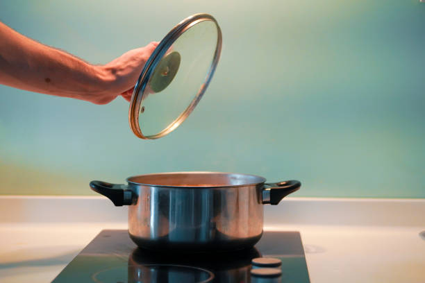 cozinhe a sopa em uma panela em um fogão por indução. - saucepan - fotografias e filmes do acervo