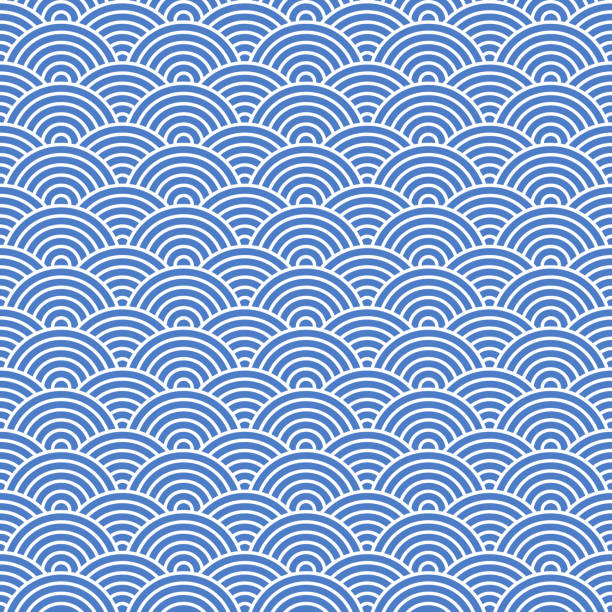 ilustraciones, imágenes clip art, dibujos animados e iconos de stock de ondas sin costuras en azul y blanco, diseño lineal. patrón japonés tradicional. ilustración vectorial seigaiha. - striped pattern wallpaper retro revival