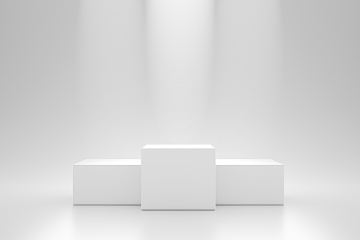 Winner podium and blank stand on pedestal background with spotlight product shelf. Blank studio podium for advertising. 3D rendering.