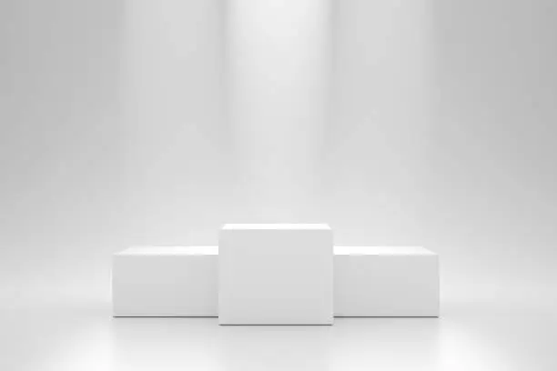 Winner podium and blank stand on pedestal background with spotlight product shelf. Blank studio podium for advertising. 3D rendering.