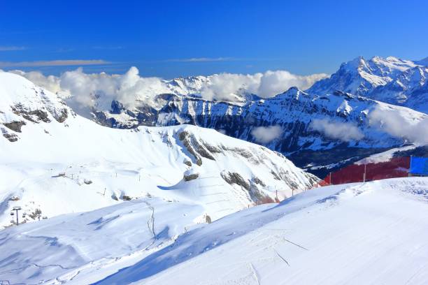 view of alps from schilthorn. bernese alps of switzerland, europe. - monch sun snow european alps imagens e fotografias de stock