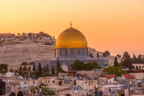 Dome of the Rock, view from the old city of Jerusalem with the Mount of Olives in the backgrounds