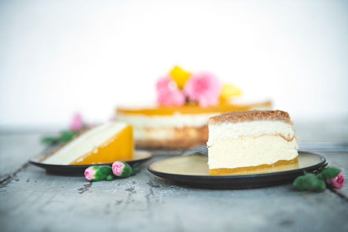 Cheesecake on table. Side View