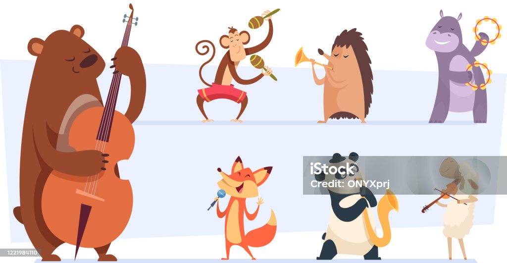 Animals Musicians Wild Cartoon Zoo Animals With Musical Instruments Vocal  And Song Play Band With Guitar Violin Vector Funny Set Stock Illustration -  Download Image Now - iStock