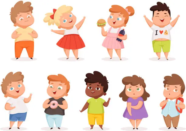 Vector illustration of Overweight children. Fat kids eating different junk food oversize people in casual clothes vector different characters