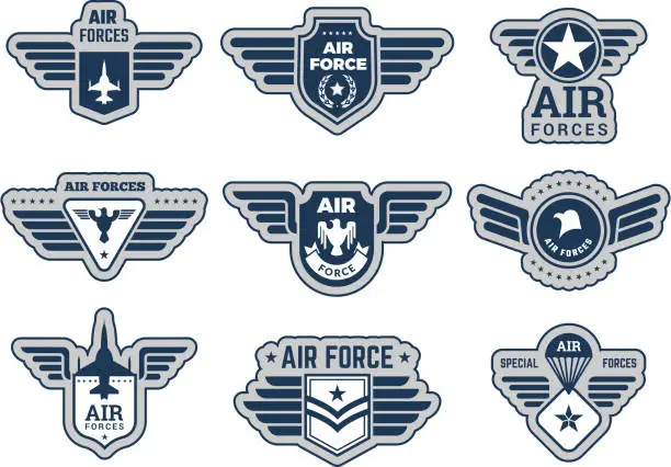 Vector illustration of Air force labels. Vintage army badges military symbols eagle wings and weapons vector illustrations set