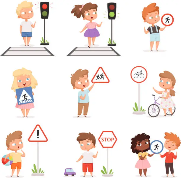 Vector illustration of Traffic road education. School kids learning safety crossroad walking traffic lights and signs vector illustrations set