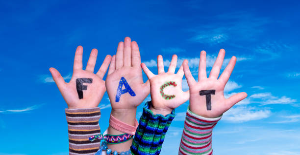 istock Children Hands Building Word Fact, Blue Sky 1221984276