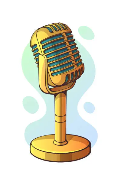 Vector illustration of Vector illustration. Golden retro microphone for music, sound, voice, speak, radio recording. Jazz, blues, rock vintage mic.